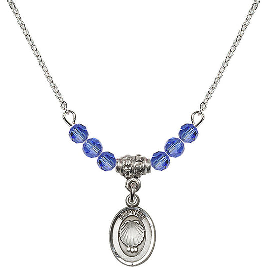 Sterling Silver Baptism Birthstone Necklace with Sapphire Beads - 0974