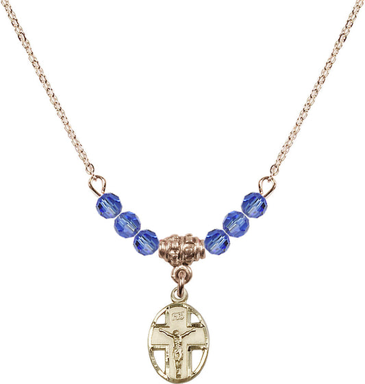 14kt Gold Filled Crucifix Birthstone Necklace with Sapphire Beads - 0978