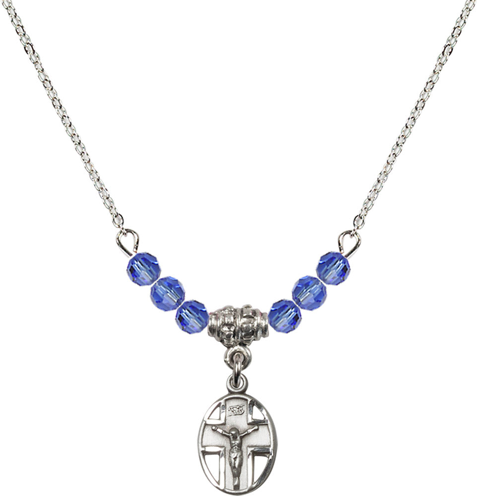 Sterling Silver Crucifix Birthstone Necklace with Sapphire Beads - 0978