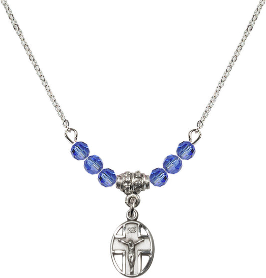Sterling Silver Crucifix Birthstone Necklace with Sapphire Beads - 0978
