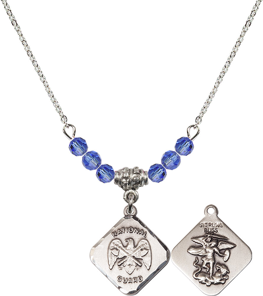 Sterling Silver Nat'l Guard Diamond Birthstone Necklace with Sapphire Beads - 1180