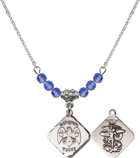 Sterling Silver Nat'l Guard Diamond Birthstone Necklace with Sapphire Beads - 1180