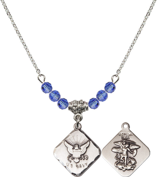 Sterling Silver Navy Diamond Birthstone Necklace with Sapphire Beads - 1180