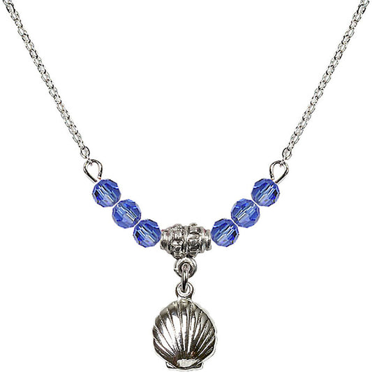 Sterling Silver Shell Birthstone Necklace with Sapphire Beads - 1260