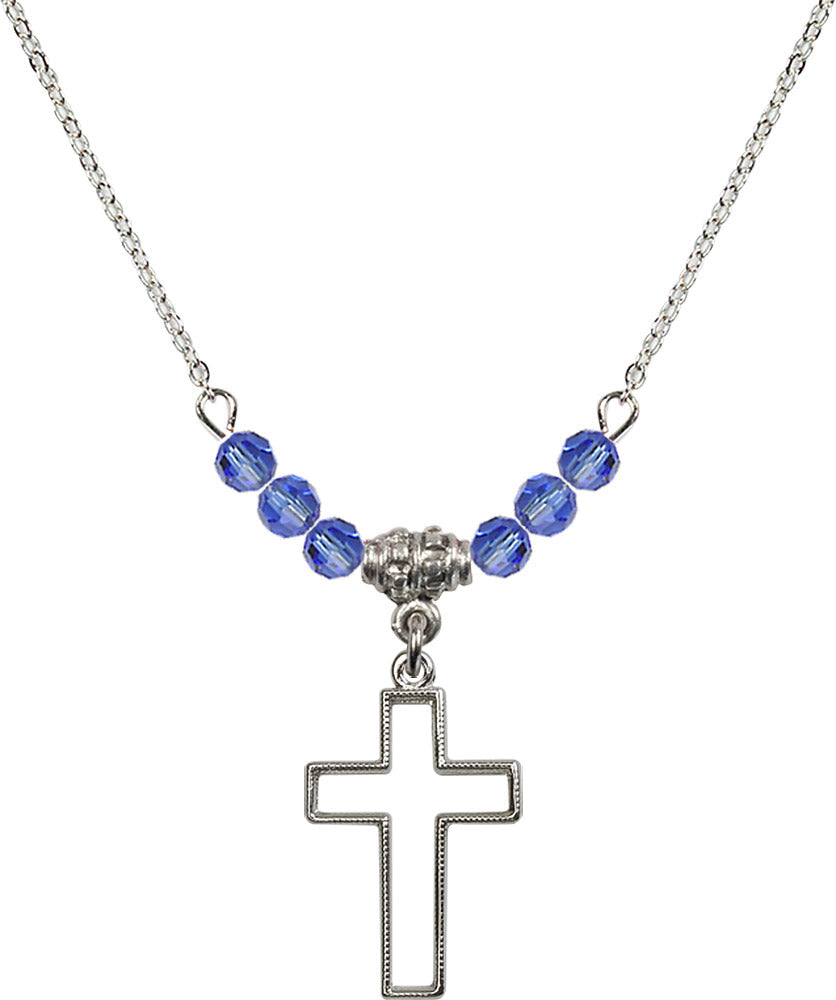 Sterling Silver Cross Birthstone Necklace with Sapphire Beads - 1708