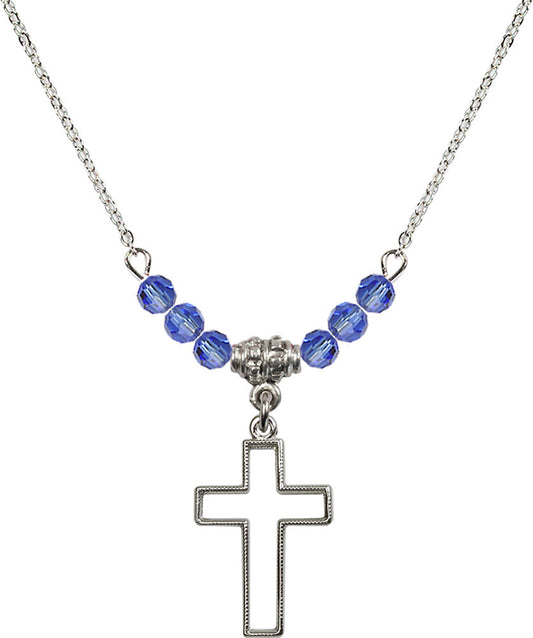 Sterling Silver Cross Birthstone Necklace with Sapphire Beads - 1708