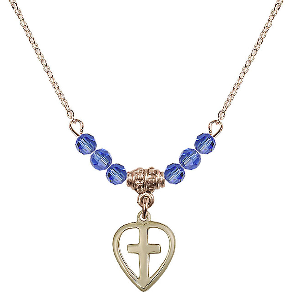 14kt Gold Filled Heart / Cross Birthstone Necklace with Sapphire Beads - 1709