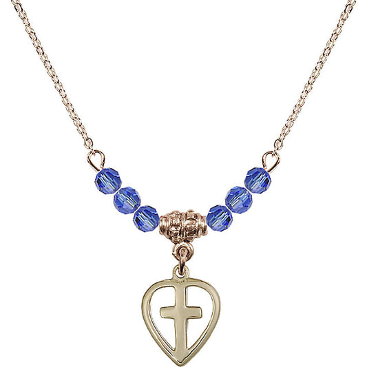 14kt Gold Filled Heart / Cross Birthstone Necklace with Sapphire Beads - 1709
