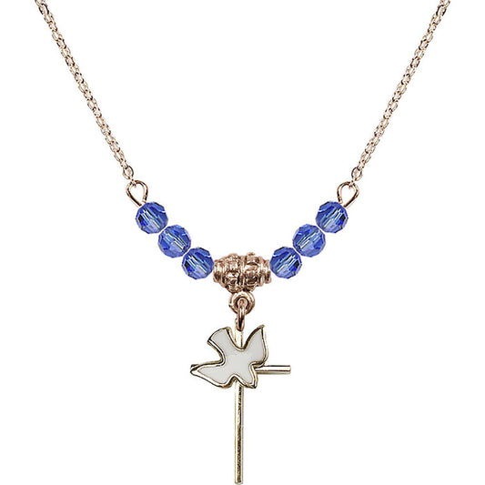 14kt Gold Filled Cross / Holy Spirit Birthstone Necklace with Sapphire Beads - 1812