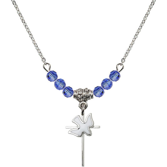 Sterling Silver Cross / Holy Spirit Birthstone Necklace with Sapphire Beads - 1812