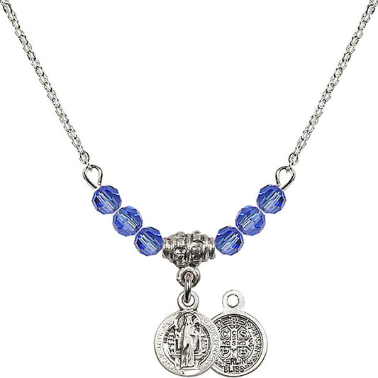 Sterling Silver Saint Benedict Birthstone Necklace with Sapphire Beads - 2341