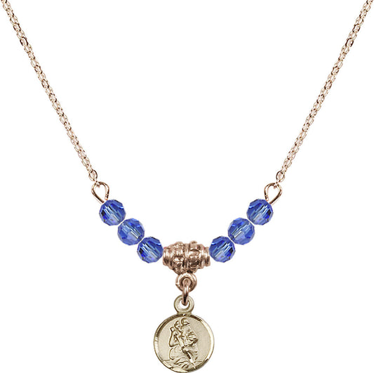 14kt Gold Filled Saint Christopher Birthstone Necklace with Sapphire Beads - 2343