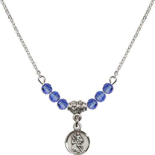 Sterling Silver Saint Christopher Birthstone Necklace with Sapphire Beads - 2343