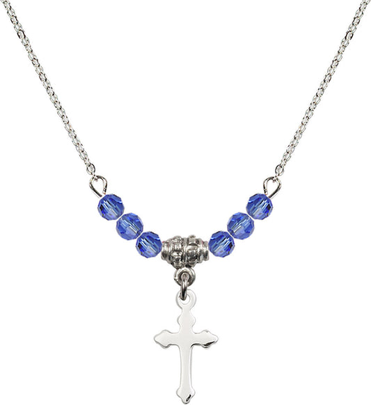 Sterling Silver Cross Birthstone Necklace with Sapphire Beads - 2528