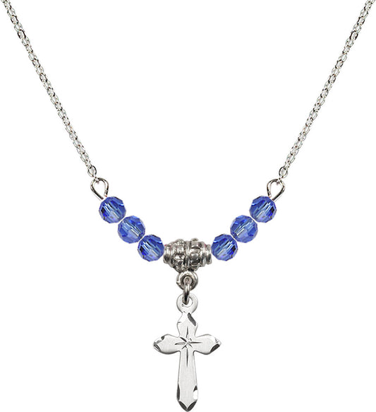 Sterling Silver Cross Birthstone Necklace with Sapphire Beads - 2529