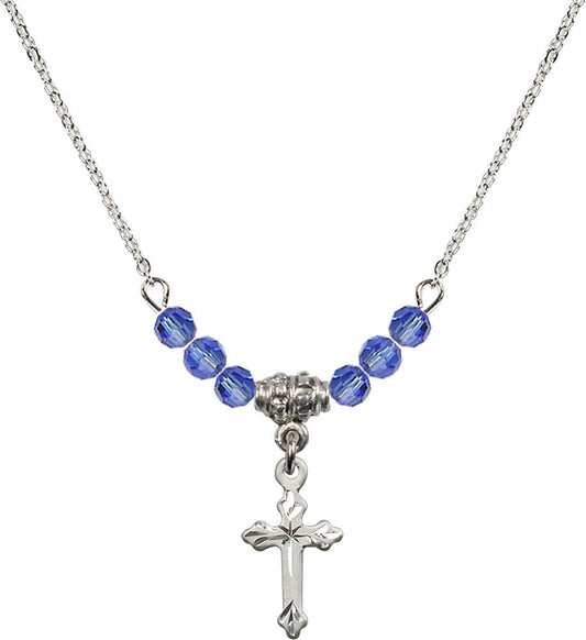 Sterling Silver Cross Birthstone Necklace with Sapphire Beads - 2531