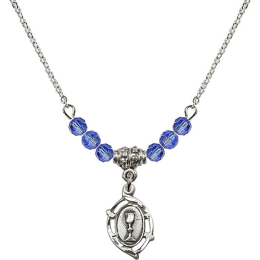 Sterling Silver Communion Birthstone Necklace with Sapphire Beads - 3019
