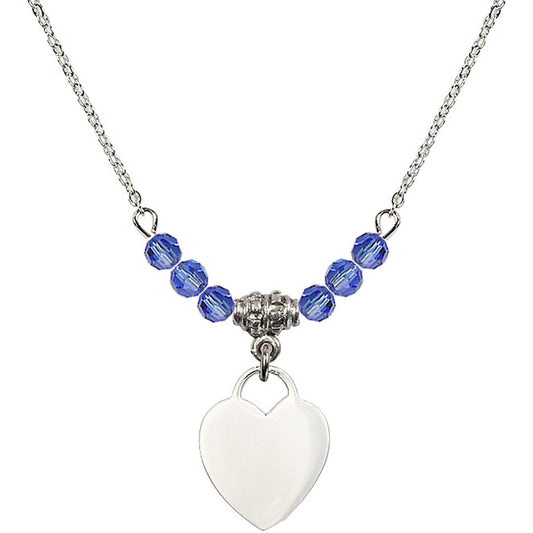 Sterling Silver Heart Birthstone Necklace with Sapphire Beads - 3400