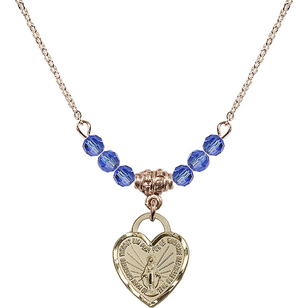 14kt Gold Filled Miraculous Heart Birthstone Necklace with Sapphire Beads - 3401