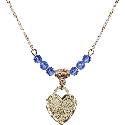 14kt Gold Filled Miraculous Heart Birthstone Necklace with Sapphire Beads - 3401