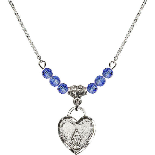 Sterling Silver Miraculous Heart Birthstone Necklace with Sapphire Beads - 3401