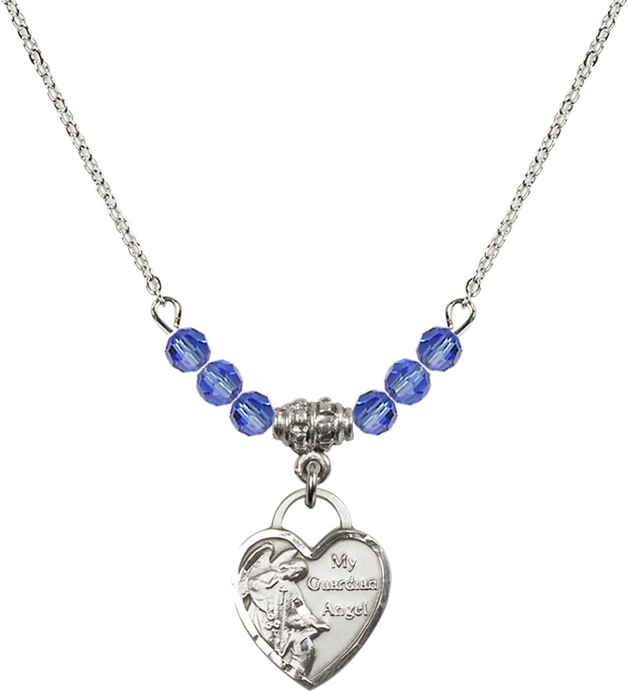 Sterling Silver Guardian Angel Heart Birthstone Necklace with Sapphire Beads - 3402