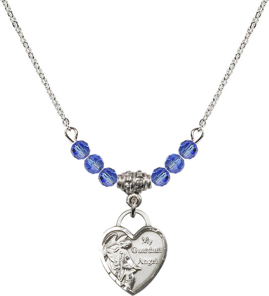 Sterling Silver Guardian Angel Heart Birthstone Necklace with Sapphire Beads - 3402