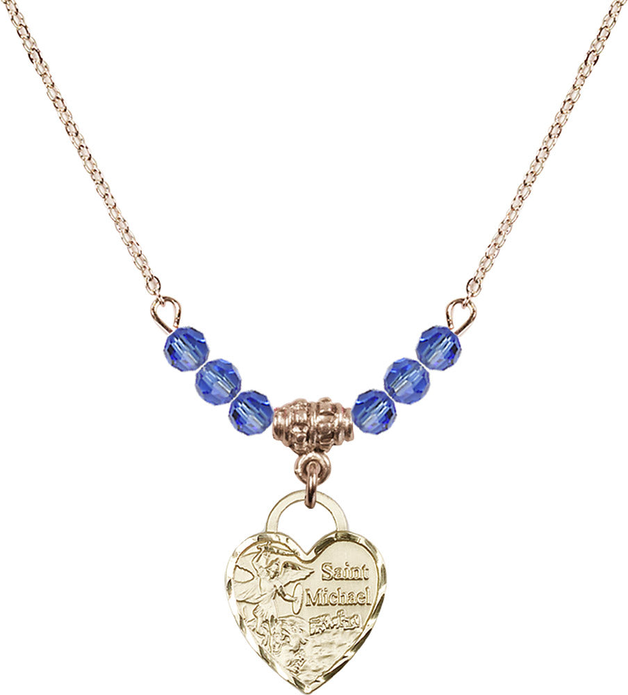 14kt Gold Filled Saint Michael Heart Birthstone Necklace with Sapphire Beads - 3403
