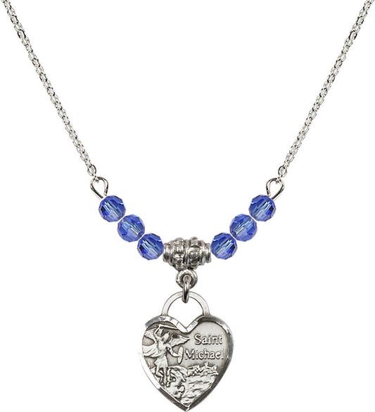 Sterling Silver Saint Michael Heart Birthstone Necklace with Sapphire Beads - 3403
