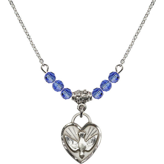 Sterling Silver Confirmation Heart Birthstone Necklace with Sapphire Beads - 3405