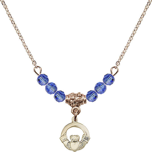 14kt Gold Filled Claddagh Birthstone Necklace with Sapphire Beads - 4113