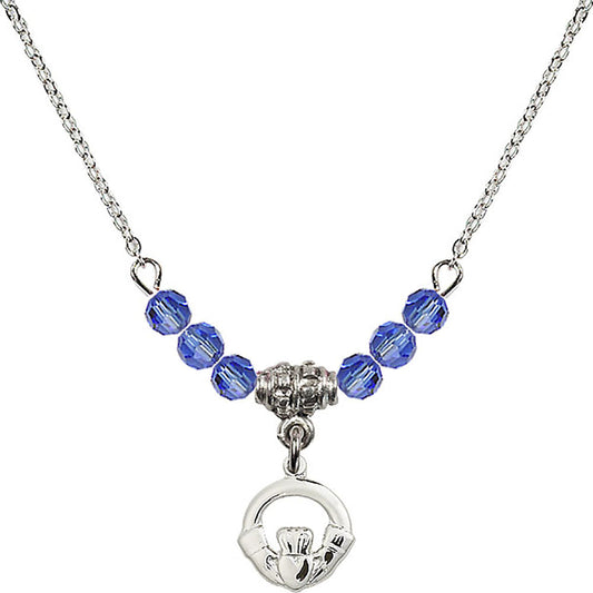 Sterling Silver Claddagh Birthstone Necklace with Sapphire Beads - 4113