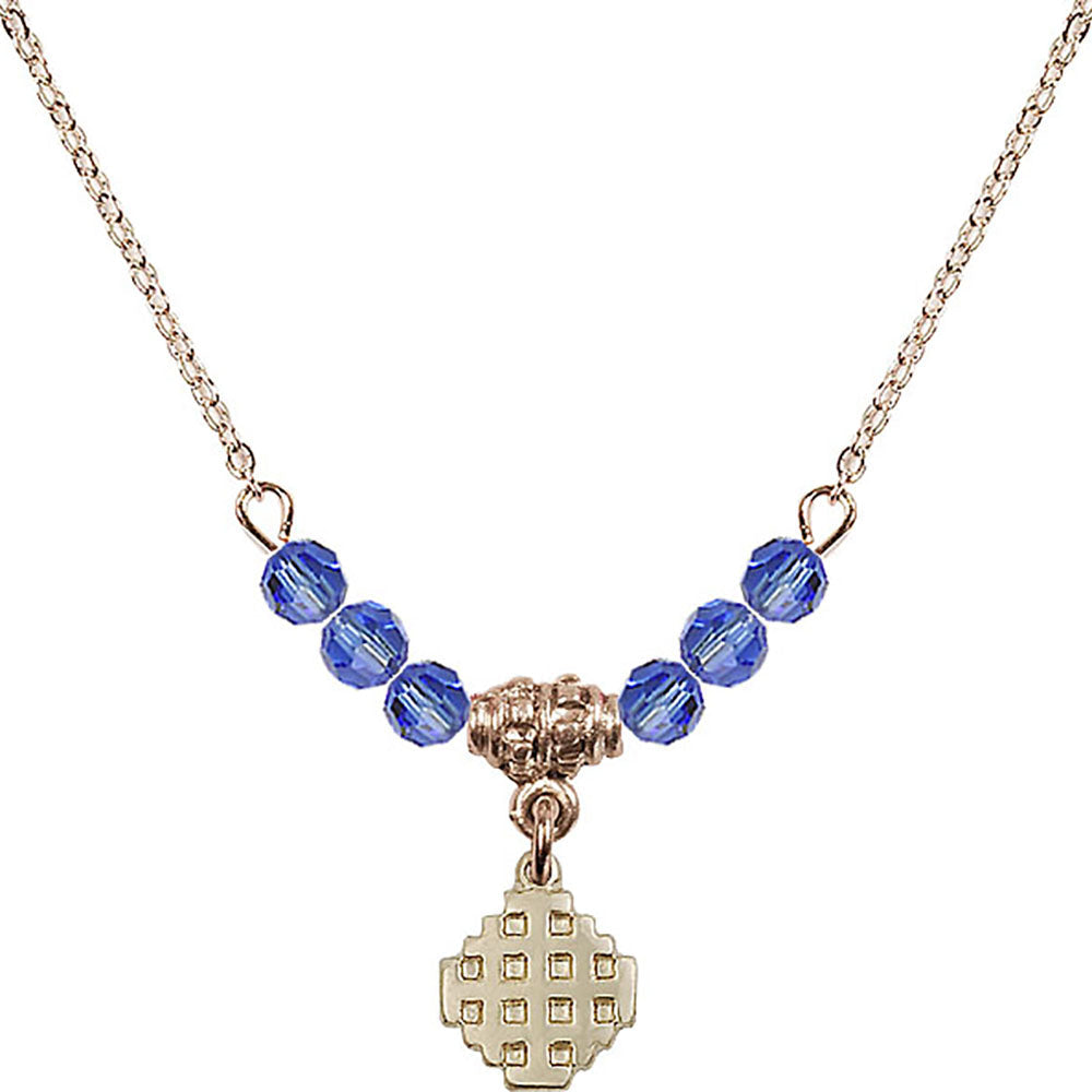 14kt Gold Filled Jerusalem Cross Birthstone Necklace with Sapphire Beads - 4118