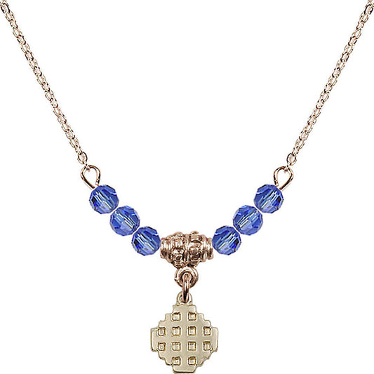 14kt Gold Filled Jerusalem Cross Birthstone Necklace with Sapphire Beads - 4118