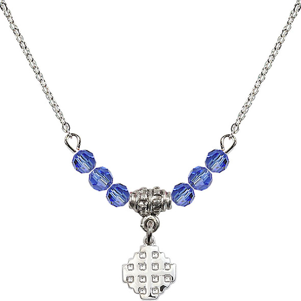 Sterling Silver Jerusalem Cross Birthstone Necklace with Sapphire Beads - 4118