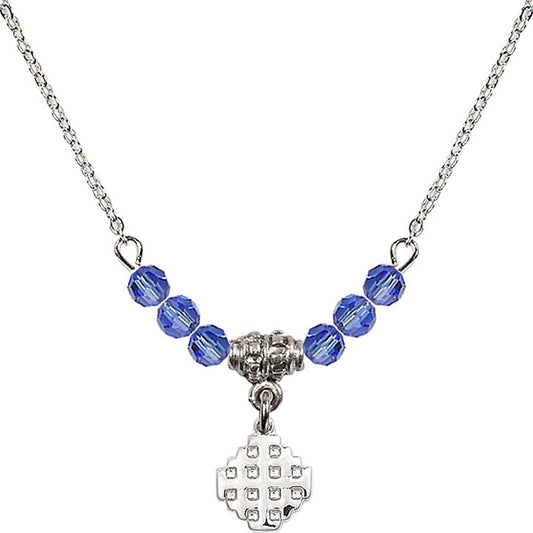 Sterling Silver Jerusalem Cross Birthstone Necklace with Sapphire Beads - 4118