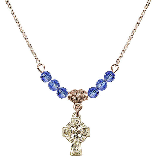 14kt Gold Filled Celtic Cross Birthstone Necklace with Sapphire Beads - 4133