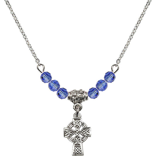 Sterling Silver Celtic Cross Birthstone Necklace with Sapphire Beads - 4133