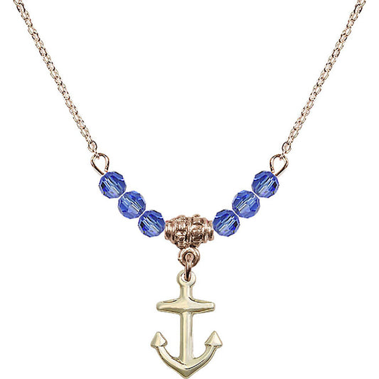 14kt Gold Filled Anchor Birthstone Necklace with Sapphire Beads - 4158