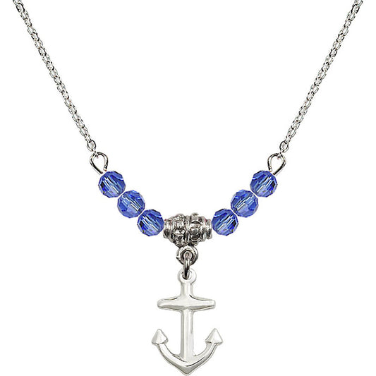 Sterling Silver Anchor Birthstone Necklace with Sapphire Beads - 4158
