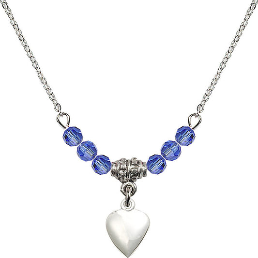 Sterling Silver Heart Birthstone Necklace with Sapphire Beads - 4158
