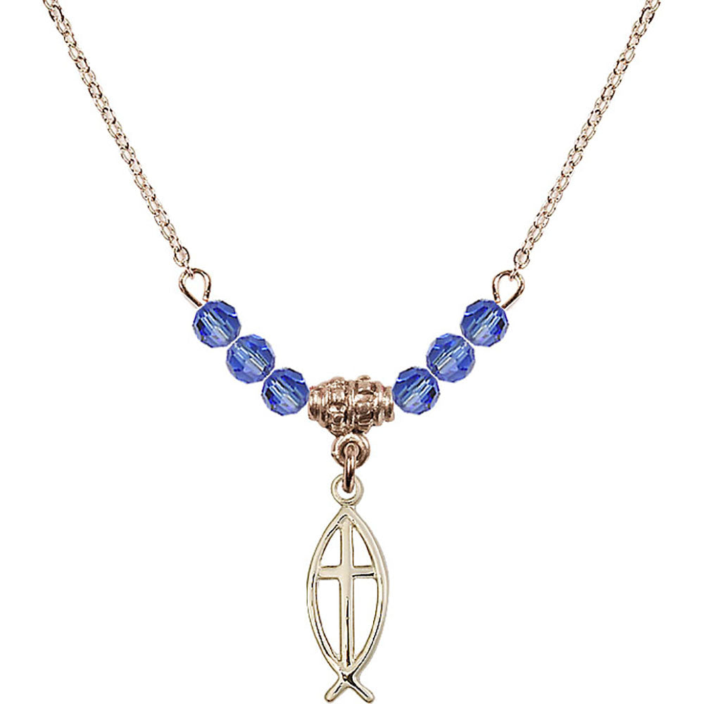 14kt Gold Filled Fish / Cross Birthstone Necklace with Sapphire Beads - 4251