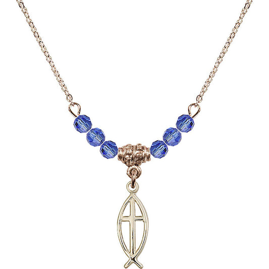 14kt Gold Filled Fish / Cross Birthstone Necklace with Sapphire Beads - 4251