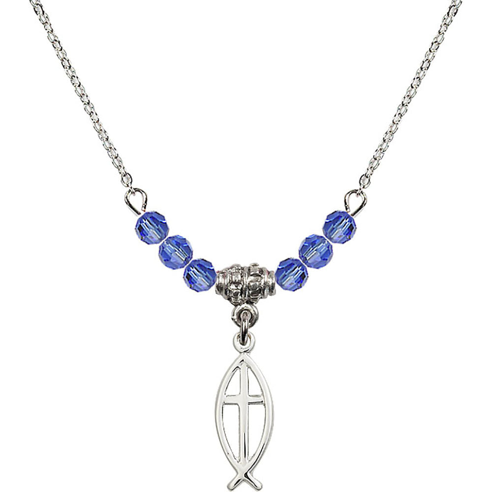 Sterling Silver Fish / Cross Birthstone Necklace with Sapphire Beads - 4251