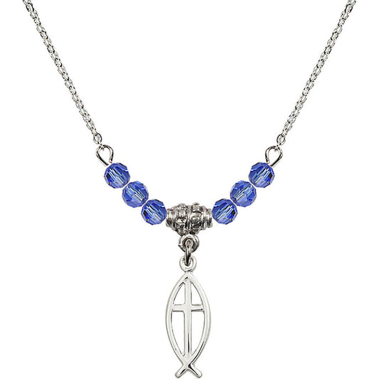 Sterling Silver Fish / Cross Birthstone Necklace with Sapphire Beads - 4251