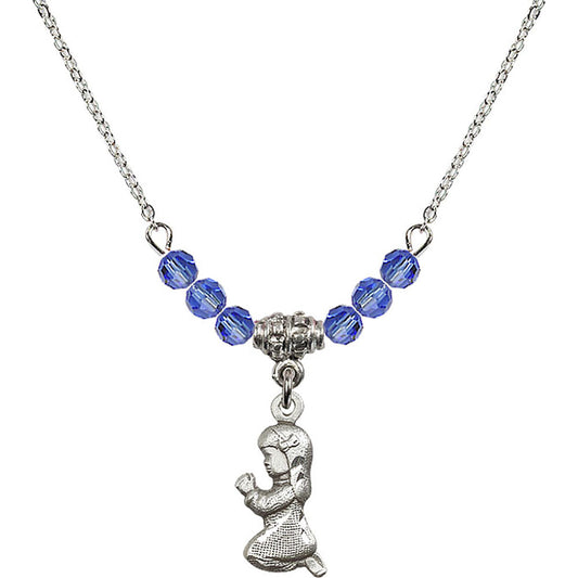 Sterling Silver Praying Girl Birthstone Necklace with Sapphire Beads - 4262
