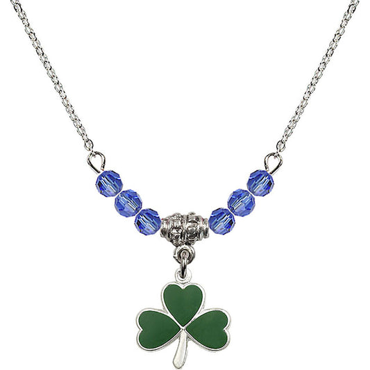 Sterling Silver Shamrock Birthstone Necklace with Sapphire Beads - 5243