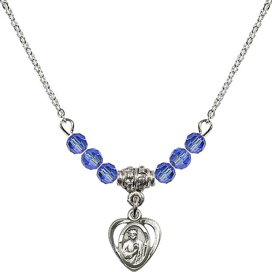 Sterling Silver Saint Jude Birthstone Necklace with Sapphire Beads - 5404