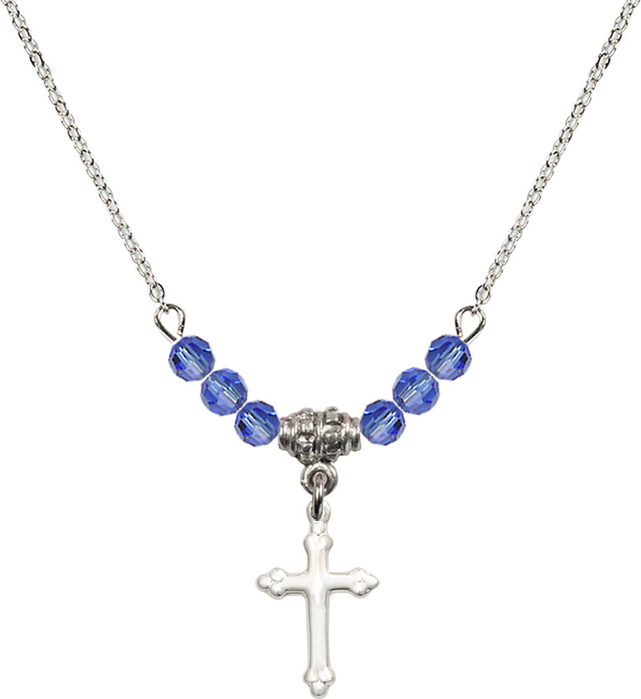 Sterling Silver Cross Birthstone Necklace with Sapphire Beads - 5415
