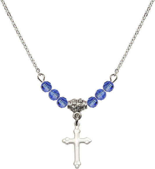 Sterling Silver Cross Birthstone Necklace with Sapphire Beads - 5415